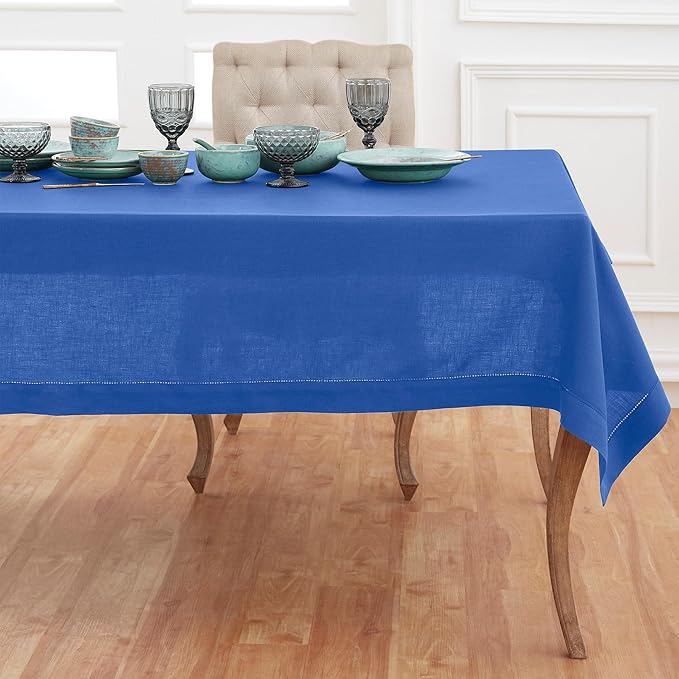 Solino Home Royal Blue Linen Tablecloth 60 x 108 Inch - 100% Pure Linen Hemstitch Table Cloth for Rectangle Tables - Classic Hemstitch, Machine Washable Tablecloth for Spring