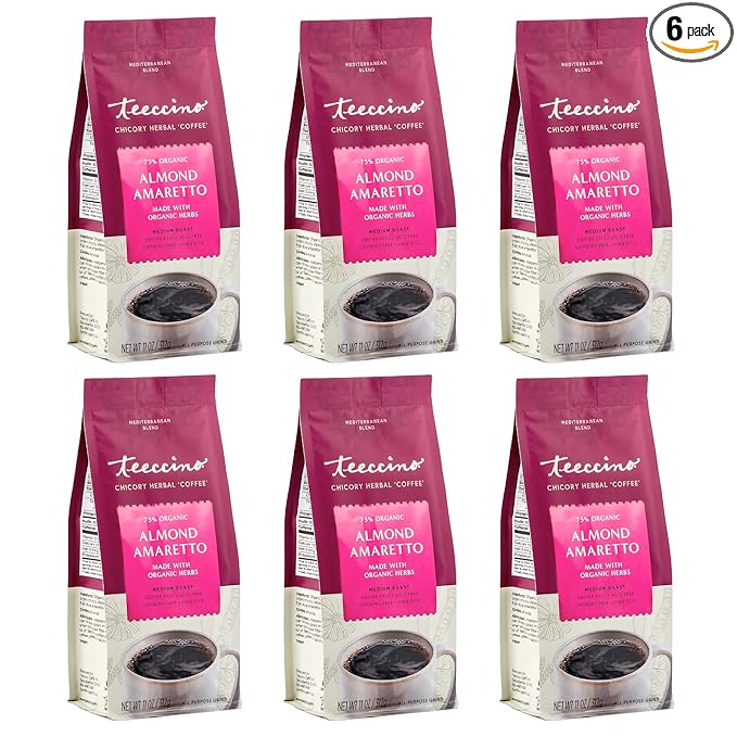 Teeccino Almond Amaretto Chicory Coffee Alternative - Ground Herbal Coffee That?™s Prebiotic, Caffeine Free & Acid Free, Medium Roast, 11 Ounce (Pack of 6)