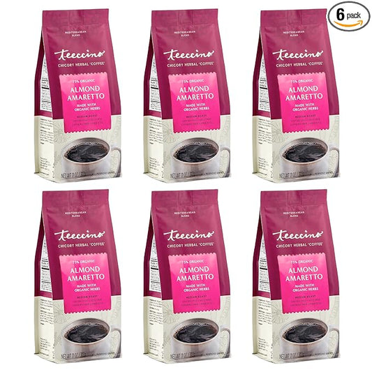 Teeccino Almond Amaretto Chicory Coffee Alternative - Ground Herbal Coffee That?™s Prebiotic, Caffeine Free & Acid Free, Medium Roast, 11 Ounce (Pack of 6)