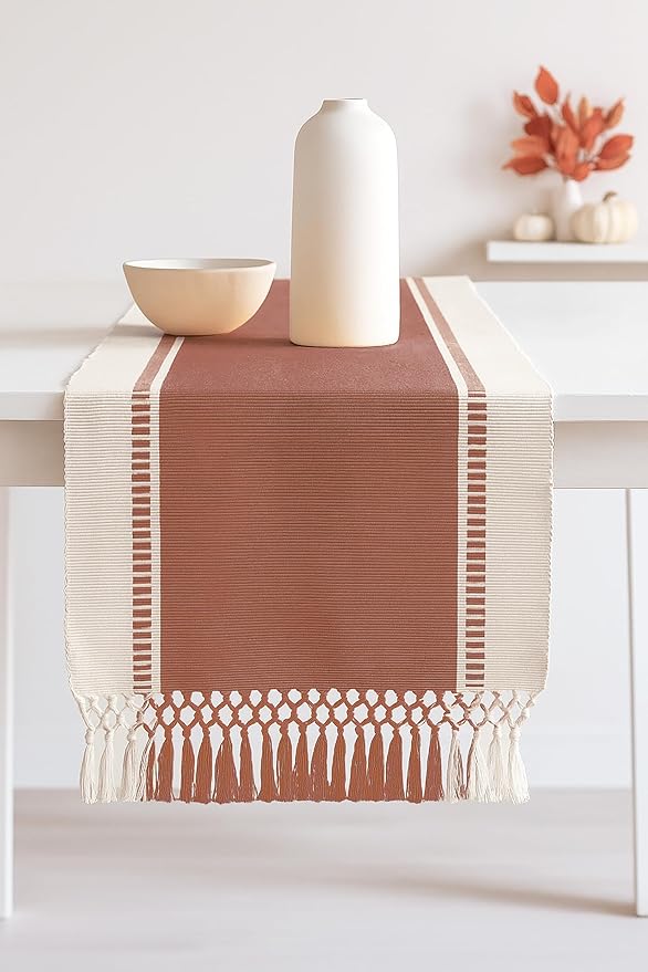 PurpleEssences Rust Table Runner - Wide with Dobby Stripe, Heavy Ribbed Weave & Double Knot Fringes, 14x72 Inch (14x77.5 with Fringes) Farmhouse Decor - Christmas Holiday Winter - Rust and H.White