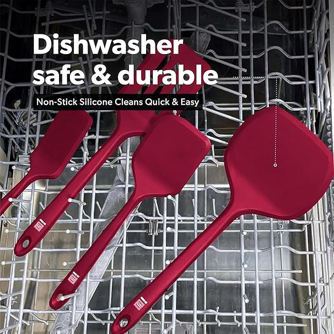 New DI ORO Seamless Series Moda 4-Piece Silicone Turner Spatula Set - 600째F Heat-Resistant Flexible Kitchen Spatulas for Nonstick Cookware - Flippers for Eggs & Pancakes - Utensils for Cooking (Red)