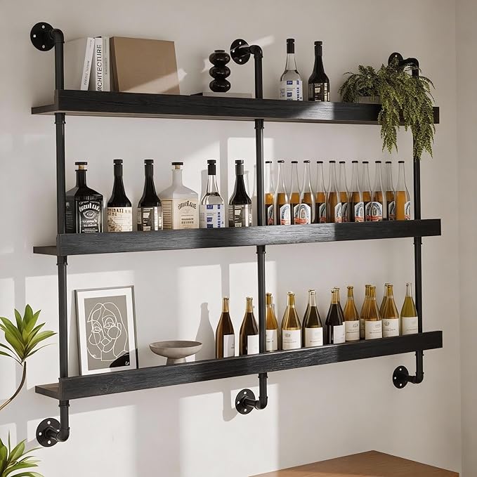 Industrial Wine Rack Wall Mounted, Solid Wood Shelf with Metal Pipe Brackets, 3-Tier Rustic Hanging Organizer for Wine Bottle Storage in Kitchen, Bar, Pub, Cellar(Black, 60 Inch)