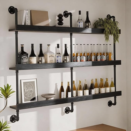 Industrial Wine Rack Wall Mounted, Solid Wood Shelf with Metal Pipe Brackets, 3-Tier Rustic Hanging Organizer for Wine Bottle Storage in Kitchen, Bar, Pub, Cellar(Black, 60 Inch)