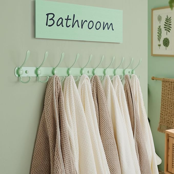Dseap Coat Rack Wall Mount - 38??Long 10-Tri-Hooks Heavy Duty Coat Hanger Rail Wall Hooks for Hanging Coats Hats Clothing Clothes Purse Mudroom Entryway, Green, Pack of 2