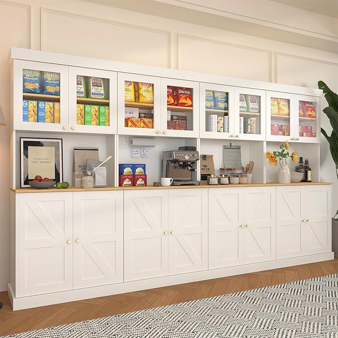 71" Tall Farmhouse Kitchen Pantry, Large Storage Cabinet with Glass Doors, Freestanding Coffee Bar Hutch with Microwave Stand, Adjustable Shelves for Kitchen, Living Room, White 4 Pcs