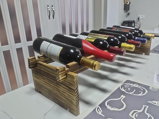 Carbonized Pine Wood Wine Rack - 1-Tier Wine Storage, Holds 8 Bottles, Freestanding Wine Organizer for Home Bar, Kitchen, Living Room, Stylish & Durable