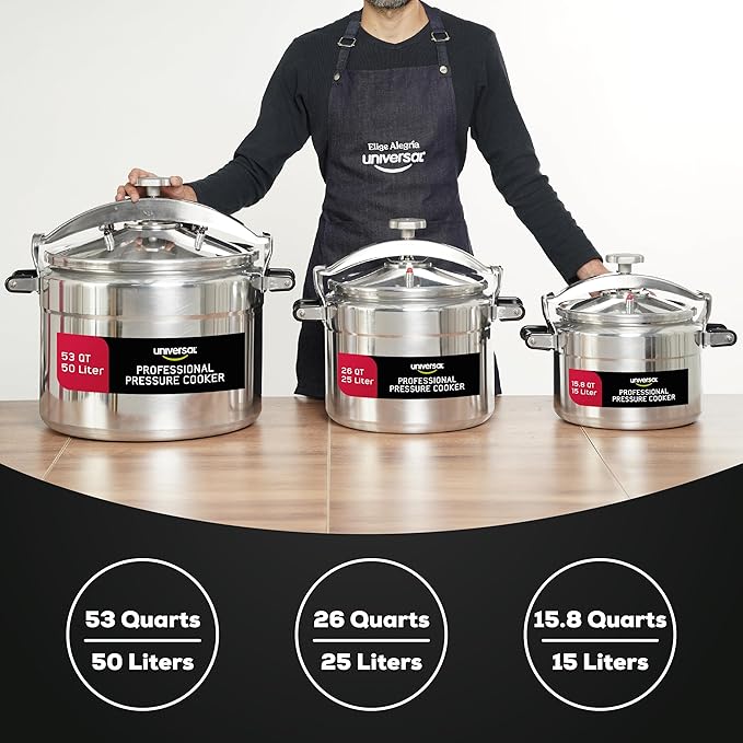 Universal (Large) 15.8-Quart Aluminum Pressure Cooker for Professional Use ??Commercial-Grade, 1 Safety Valve, Reinforced Handles, Easy-Open Lid, ??Ideal for Large Kitchens, and Restaurants