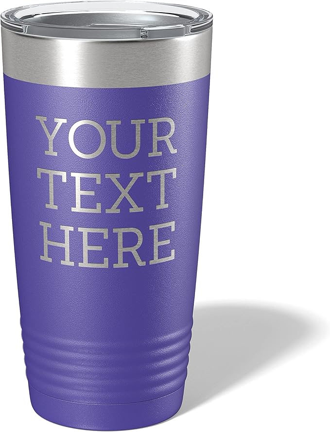 Personalized 20oz (17 Colors) Powder Coated Insulated Stainless Steel Tumbler with Lid, Custom Etched, Customized Text Message Name, Engraved Gift Idea Women Men Him Her, Your Text Here (Purple)