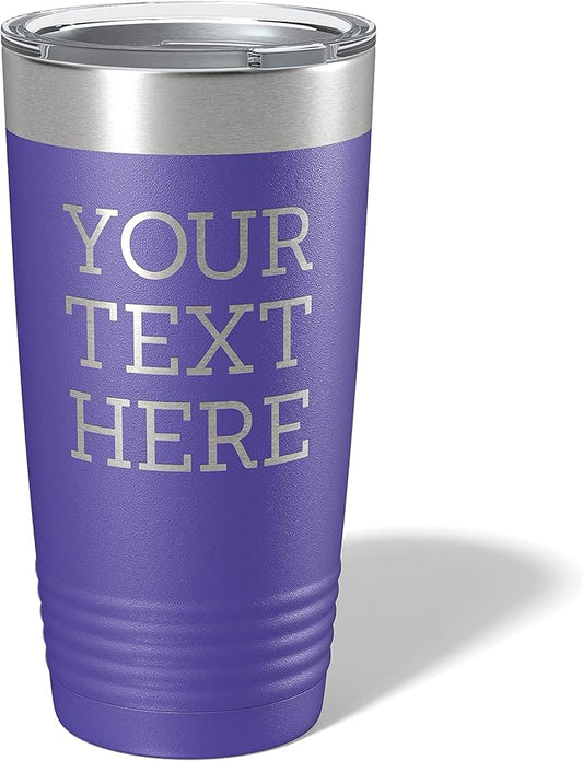 Personalized 20oz (17 Colors) Powder Coated Insulated Stainless Steel Tumbler with Lid, Custom Etched, Customized Text Message Name, Engraved Gift Idea Women Men Him Her, Your Text Here (Purple)