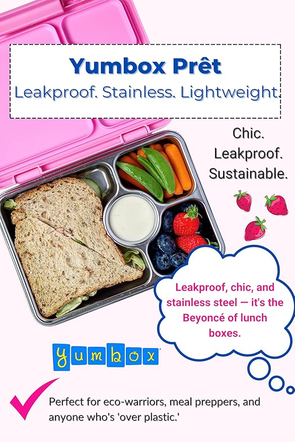 Yumbox Pr챗t Stainless Steel Bento Lunch Box, 3 Compartment, Secure Seal, BPA-Free, Dishwasher Safe, Compact & Lightweight for Kids & Adults, School & Office Lunch, Portion Control (Versailles Pink)