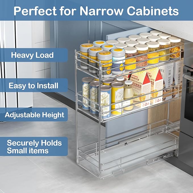ROOMTEC Pull Out Spice Rack for Narrow Cabinet (7" W X 20쩍" D),3 Tier Heavy Duty Sliding Spice Cabinet Organization Shelf Racks, Pull Out Shelves Under Cabinet Storage for Kitchen
