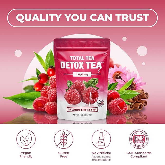 Total Tea SIimming Detox Tea Caffeine Free - 25 Day Detox - Herbal Tea with Chamomile, Hibiscus Tea & Ginger Root for Colon Cleanse ??Natural Raspberry Fruit Tea