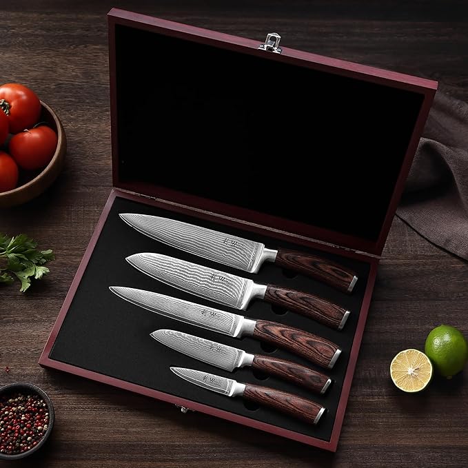 Wakoli EDIB 5-Piece Damascus Knife Set ??Professional Chef Knives Set with VG10 Core Blades, 67-Layer Damascus Steel and Ergonomic Pakkawood Handles ??Premium Kitchen Knives in Wooden Gift Box
