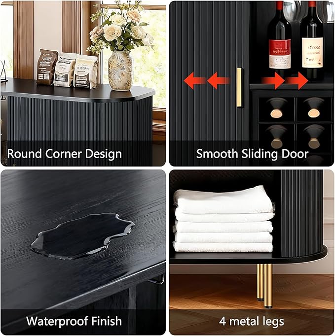 DHH 55" Wine Bar Cabinet with Storage, Fluted Liquor & Coffee Bar Cabinet with Wine Rack and Glass Holder, Buffet Sideboard with LED Lights for Home Kitchen Living Dining Room (Black)