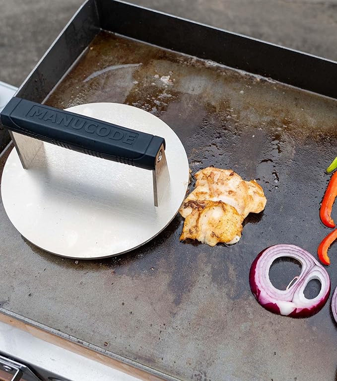 Stainless Steel Burger Smasher 3.25 LB ??8 Inch Steak Weight for Smash Burgers, Bacon, Sandwiches | Dishwasher Safe, Preheatable Protein Press with Silicone Handle | Commercial BBQ Tool