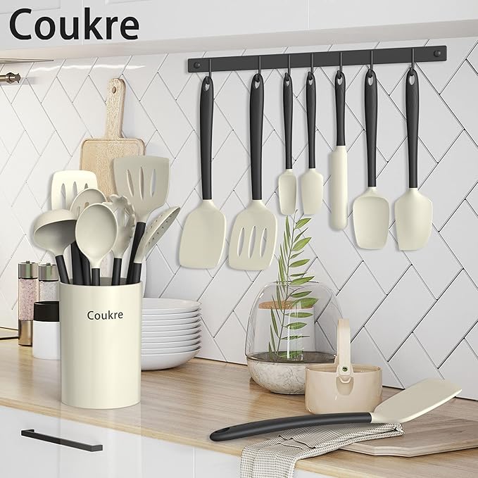 Coukre Silicone Kitchen Cooking Utensils Set with Holder ??Heat-Resistant, Food-Grade Kitchen Tools, Spatula, Spoon & Gadgets for Non-Stick Pans, Dishwasher Safe (14, Beige)