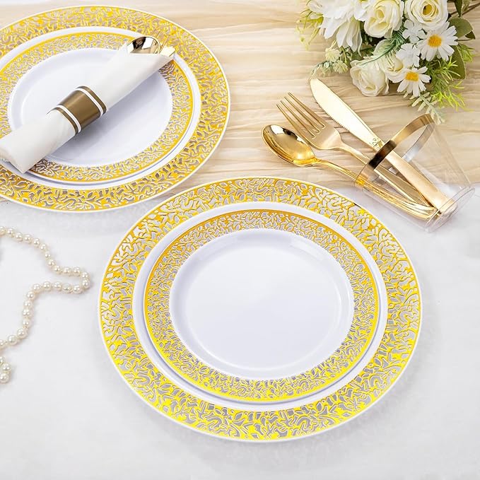 WELLIFE 210Pcs Gold Plastic Dinnerware - Disposable Silverware and Cups, Include:30 Dinner Plates, 30 Dessert Plates, 30 Paper Napkins, 30 Cups, 30 Gold Plastic Cutlery Set for Party and Wedding