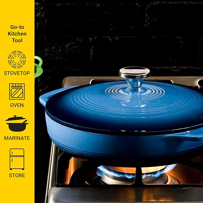 Lodge 3.6 Quart Enameled Cast Iron Oval Casserole With Lid ??Dual Handles ??Oven Safe up to 500째 F or on Stovetop - Use to Marinate, Cook, Bake, Refrigerate and Serve ??Caribbean Blue
