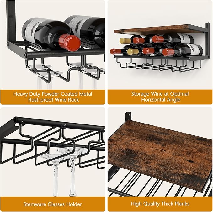 2 Tiers Wine Rack Wall Mounted with Wine Bottle Holder & Wine Glass Rack, Bar Shelves for Liquor Bottles, Hanging Wine Rack, Wine Storage Display Rack Shelf for Home Bar,Dining Room,Kitchen,Rustic