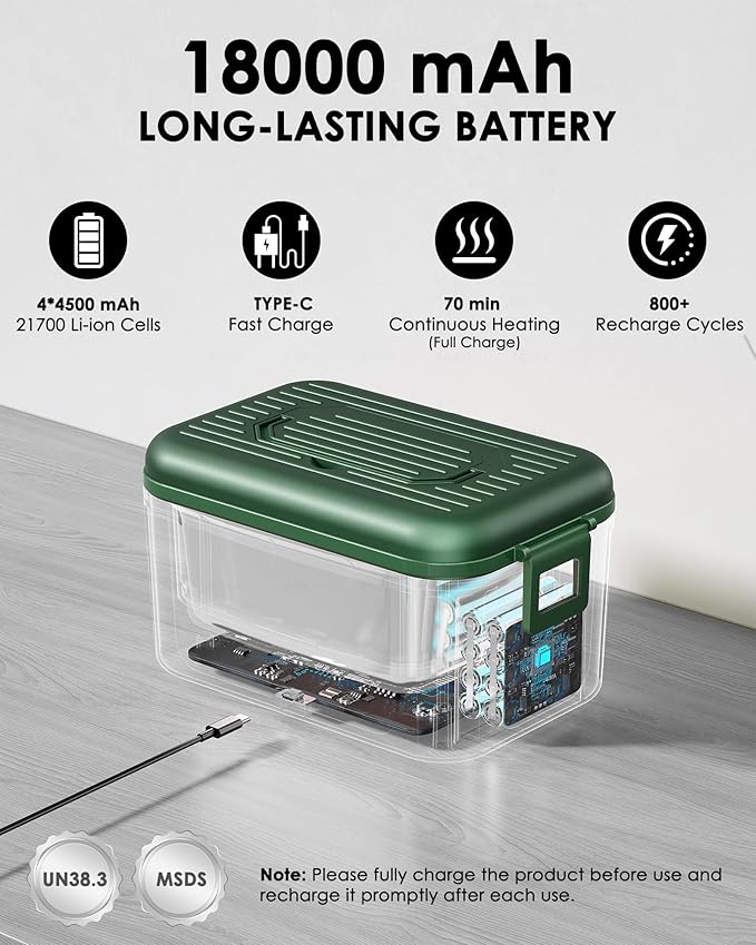 Aurevit Cordless Electric Lunch Box for Adults, 1.4L Heated Lunch Box for Men with Smart Meal Scheduling & Auto Keep Warm, Portable Food Warmer for Car with Insulated Bag, Ice Pack (Brewster Green)