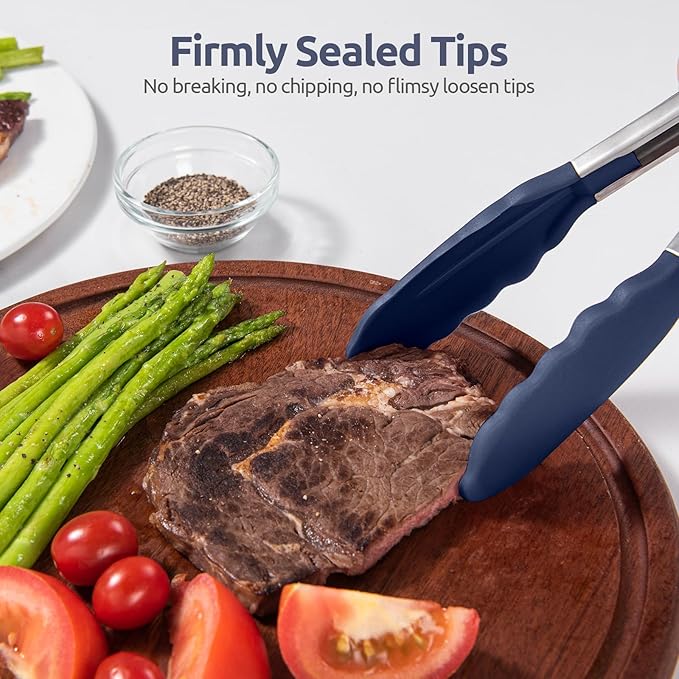600쨘F Heat Resistant Kitchen Tongs: U-Taste 7/9/12 inch Silicone Cooking Tong Set with Non Stick Rubber Tips and Silicon Coated 18/8 Stainless Steel Handle for Serving Grilling Salad(Midnight Blue)