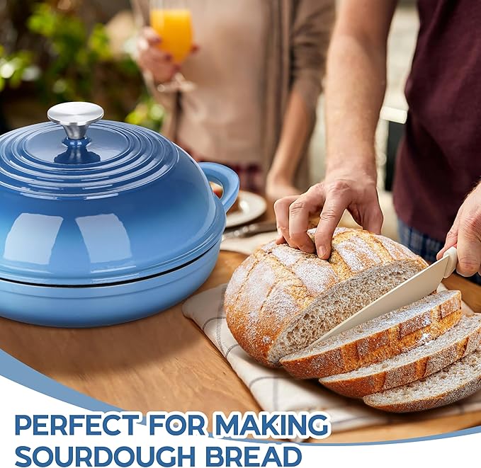 E-far Dutch Oven for Sourdough Bread Baking, 6 Qt Round Enameled Cast Iron Dutch Oven for Homemade Artisan Bread, Dome Lid & Shallow Base, Matte Black Interior & Durable, Oven-Safe to 500?? Blue