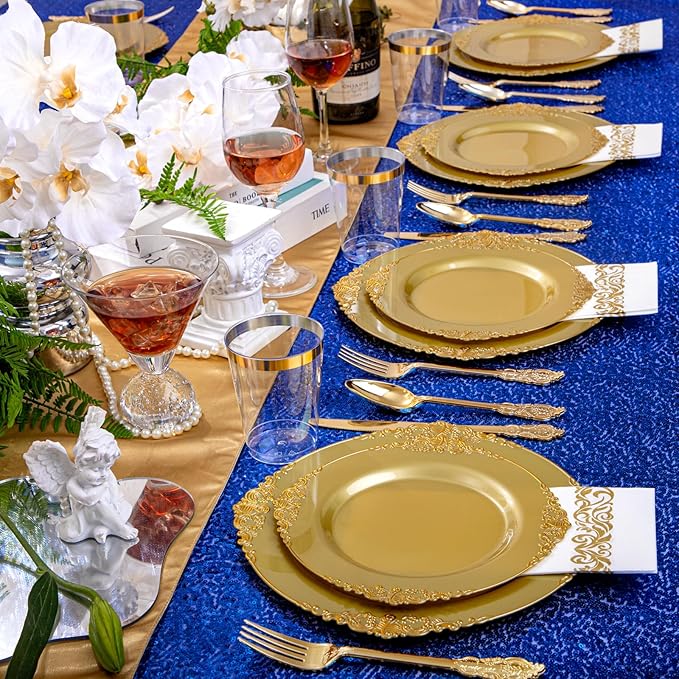 Morejoy 175PCS Solid Gold Plastic Plates with Gold Rim竊똤old disposable dinnerware sets Include 25 Dinner Plates,25 Dessert Plates,25 Cutlery Sets,25 Napkins Perfect for Party & Christmas