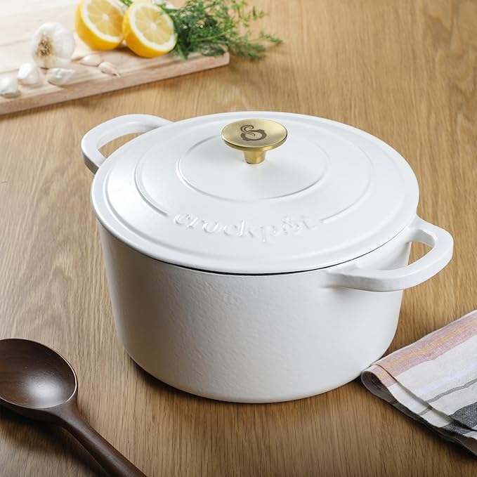 Crock-Pot Artisan 5-Quart Round Dutch Oven ??Matte Linen White with Gold Knob, Enameled Cast Iron Cookware
