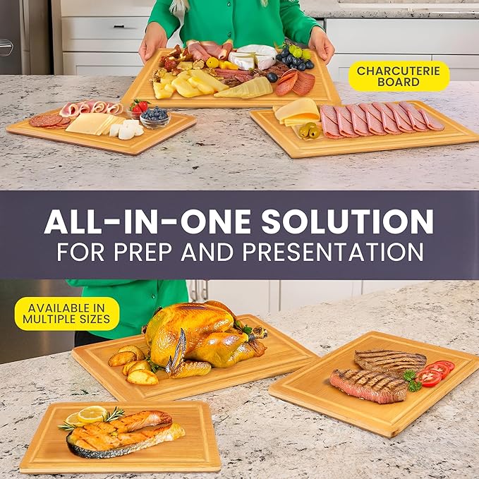 Glue-Free Surface??Extra Large Bamboo Cutting Board Set ??For Chopping Vegetables, Carving Meat, Slicing Bread, and Serving Cheese & Charcuterie for Safer Family Meal Prep ??For Health Conscious Chefs