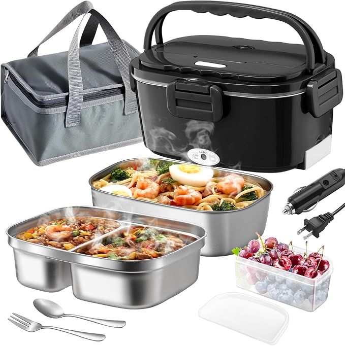 Vidaskeci Electric Lunch Box for Adults 100W Fast Heated Lunch Box for Men Women with Dual 1.5L Stainless Steel Containers Fast Heating Portable Food Warmer 12V/24V/110V Lunch box, Home/Office/Truck