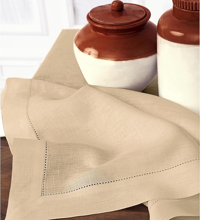 Solino Home Beige Linen Tablecloth 60 x 120 Inch - Classic Hemstitch, 100% Pure Linen Rectangular Tablecloth - Machine Washable Table Cloth for Spring, Easter