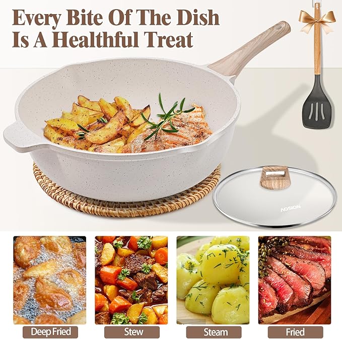 AOSION 11 Inch Nonstick Ceramic Deep Frying Pan Skille with Lid,5QT Saut챕 Pan for Cooking with Steam Rack,Healthy Large Skillet,Stay Cool Handle, Induction Compatible, PFOA & PFAS Free.(WHITE)