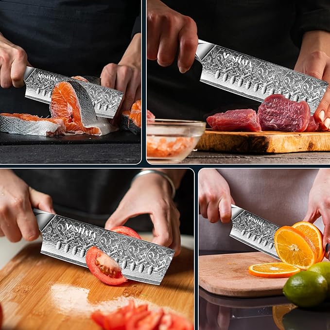 MOSFiATA 7'Nakiri Knife Damascus Professional Sharpe Chef Knife竊?Kitchen Knifed Damascus Steel VG-10 Blade with Ergonomic Handle Sharpener