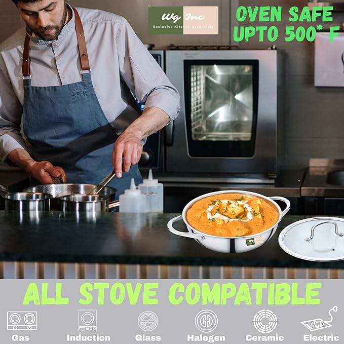 Stainless Steel Wok with Lid, All Clad Tri-ply Kadhai, 1.3 Qt / 1200 ML, 8 Inch Pan for Stir-Frying, Stews, Sauces, Deep Saute, Triply wok cookware, Trasparent Cover, Induction Compatible