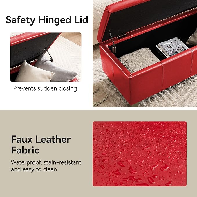 WUTUTUEE 41" Faux Leather Storage Ottoman, Stitch Tufted Rectangle Upholstered End of Bed Storage Bench, Entryway Large Couch Ottoman with Wooden Legs,Red