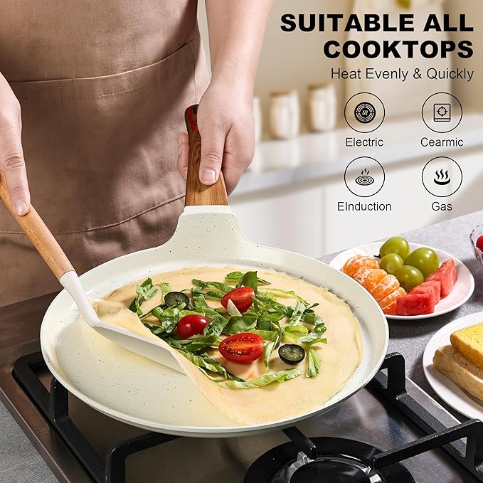 Crepe Pan, Ceramic 11 Inch Dosa Pan, Nonstick Dosa Tawa for All Stove, Tortilla Pan, White Pancake Pan, PFOA PFAS PTFE Free