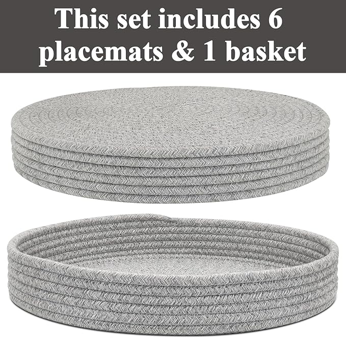 Round Placemats Set of 6 with Holder, Cotton Rope Woven Place Mats, Hot Pads for Kitchen, Heat Resistant Table Mats, 13 Inch Farmhouse Washable Braided Placemat for Kitchen Decor (Gray)