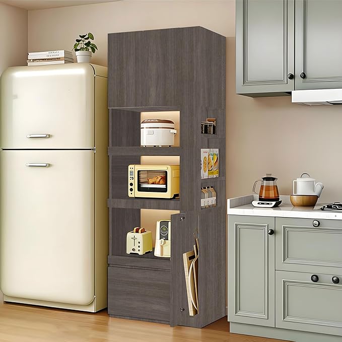 LINLIUA 71'' Tall Kitchen Pantry Cabinet, Wood Pantry Storage Cabinet with Doors, 3 Pull-Out Shelves and Drawer, Modern Slim Kitchen Hutch for Dining Room Small Space