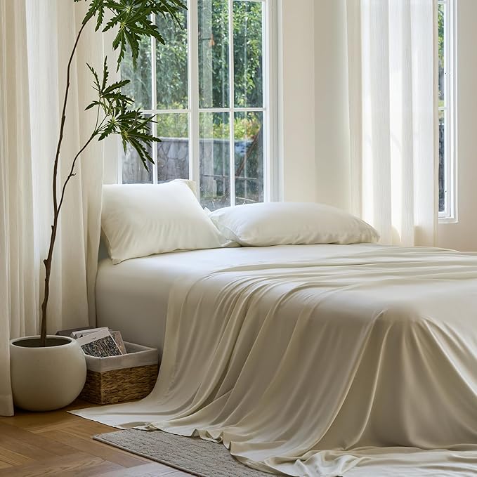 DOZ Sheet Set, 100% Viscose derived from Bamboo, Organically Grown, Buttery Soft, Cooling Sheets, High GSM, Deep Pockets - 4 Piece - 2 Pillowcases 1 Fitted 1 Top Sheet (Ivory, Cal King)