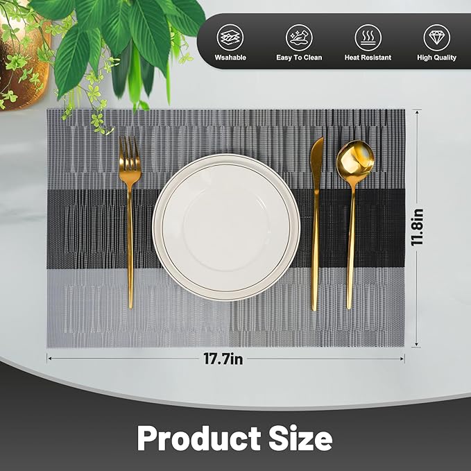flohar Placemats Set of 6竊똍on-Slip PVC Weave Table Mats Easy to Clean竊똇eat Resistant Place Mats for Kitchen Dining Table Decoration Indoor Outdoor竊똁lack Gray