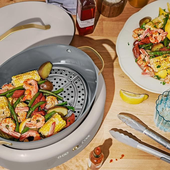 Beautiful 10-in-1 Electric Multi-Cooker by Drew Barrymore, 6-quart, digital display, 10 cooking functions, non-stick pot, easy one-touch control (Porcini Taupe)