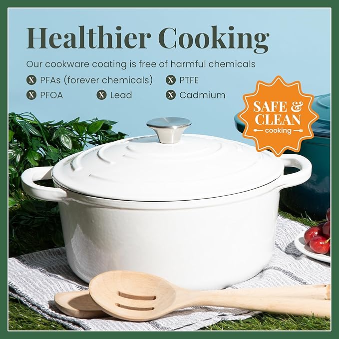 Larder & Vine Enameled Cast Iron 5.7qt Dutch Oven Pot with Lid | Bread Baking | Compatible on All Cooktops & Oven Safe to 500째 F | Great for Sourdough Bread | White
