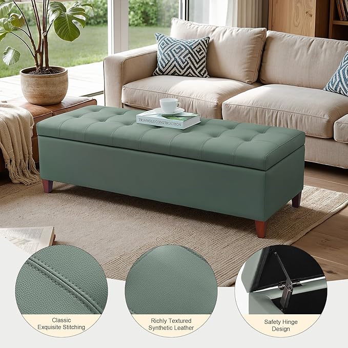 DECO DE VILLE Ottoman with Storage, 51 Inch End of Bed Storage Ottoman Bench, Faux Leather Upholstered Ottomans with Hinged Lid, Rectangle Long Foot Rest Bench for Living Room Bedroom Light Green