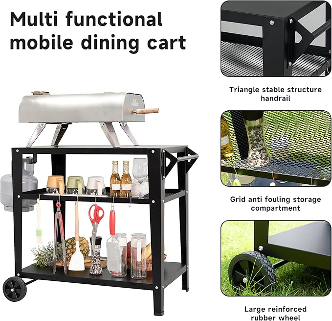 LEETOLLA Black Outdoor Grill Cart with Wheels, Heavy-Duty 3-Tier BBQ Prep Table for Pizza Oven, Griddle, Patio ??Rustproof Commercial Kitchen Cart with Tool Hooks