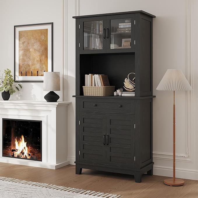 Elegant Black Modern Wood Pantry Coffee Cabinet with Ample Storage, Spacious 72" Tall Kitchen Bar Cabinet Hutch Featuring 4 Stylish Glass Doors & 1 Smooth Drawer, Versatile Stand-Alone Food Pantry