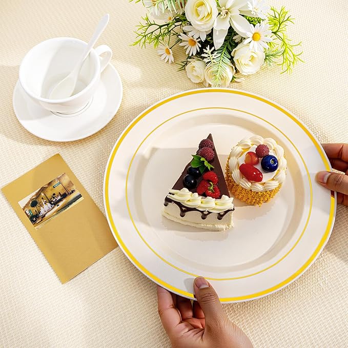 I00000 200 Pcs Gold and Ivory Plastic Plates, Ivory Disposable Party Plates Include 100 Dinner Plate 10?쇺?and 100 Plastic Dessert Plate 7?쇺?Perfect for Birthday, Party & Wedding
