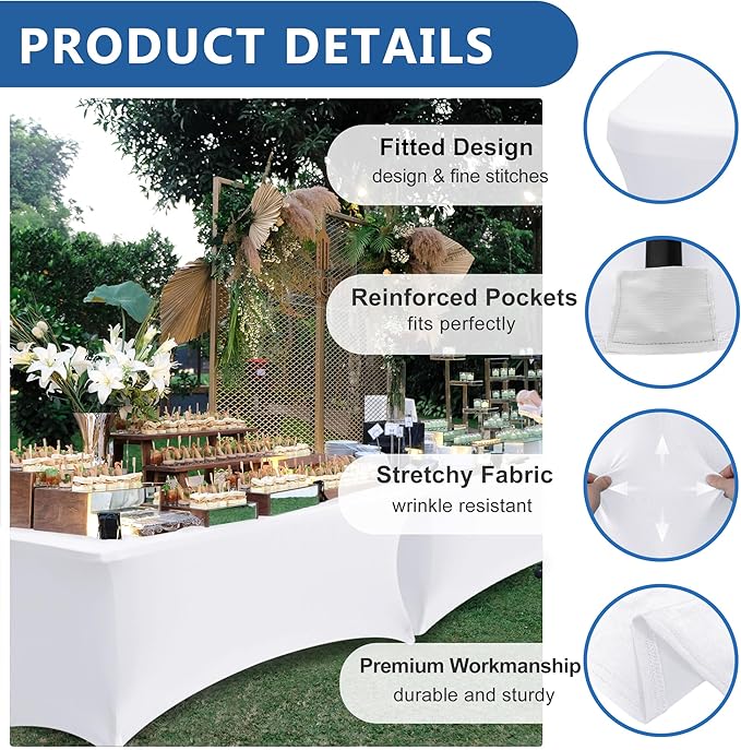 Enjoyidea Spandex Table Cloths for 8 Foot Rectangle Tables-4 Pack Fitted Stretch White Table Covers-Elastic Folding Tablecloths for Party, Vendor Booth Display, Banquet Buffet Event, Craft Trade Show