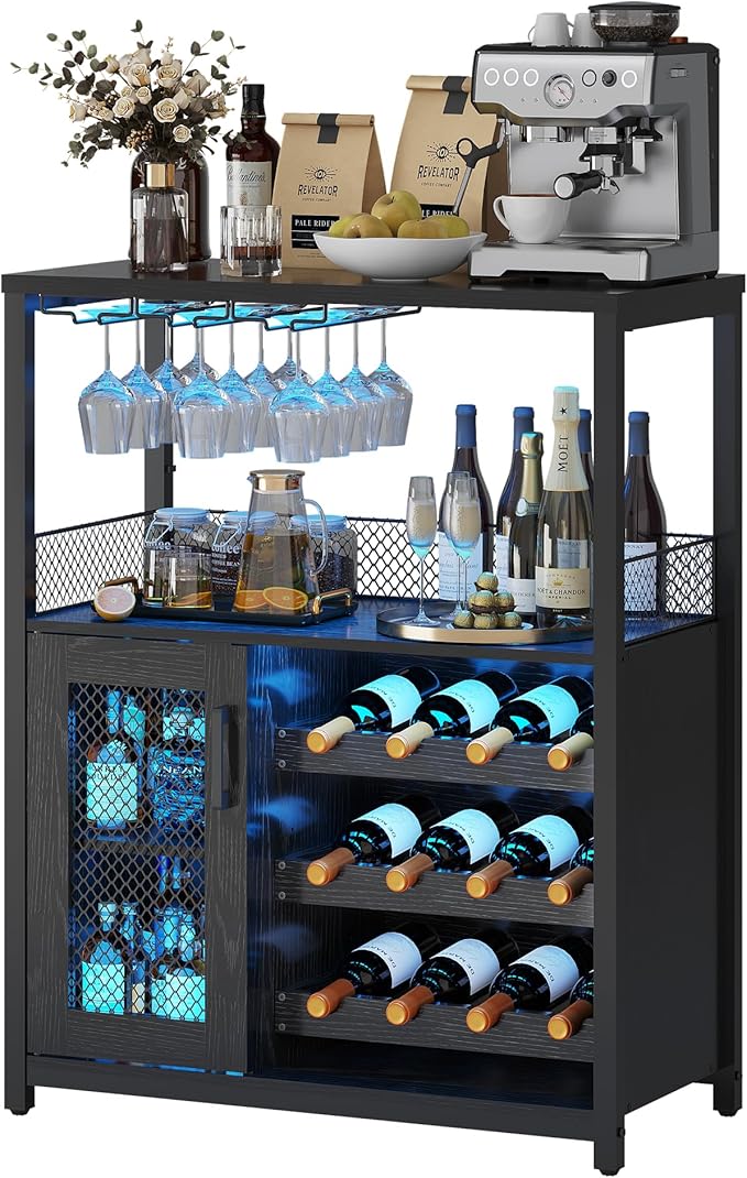 Vintage Industrial Wine Bar Cabinet with Adjustable Wine Racks and Glass Holders, Mesh Door Sideboard Storage Cabinet for Living Room, Kitchen, Dining Room, Compact Design, Black with Light