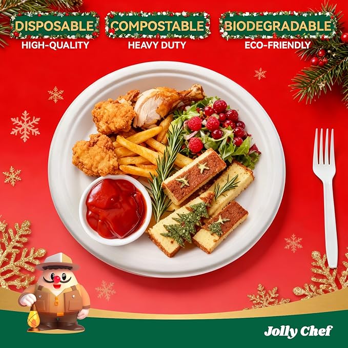 JOLLY CHEF Compostable Heavy Duty Plates ?윮?윭 ?뿙?뿻?뿰?뿵 [?윮?윶?윭 ?뿣?뿮?뿰?뿸] Eco-Friendly Disposable Uncoated Paper Plates Bagasse Biodegradable Bulk for Party Dinner Hot Cold Food Christmas (White)