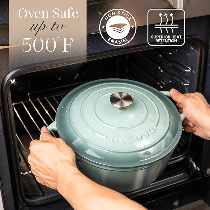 Nuovva Enamelled Cast Iron Dutch Oven Pot with Lid 6.4 Quart Non Stick Casserole Pot ??Heavy Duty & Oven Safe up to 500째 F for Bread Baking, Braising, Stews, Roasting ??28cm Sea Salt